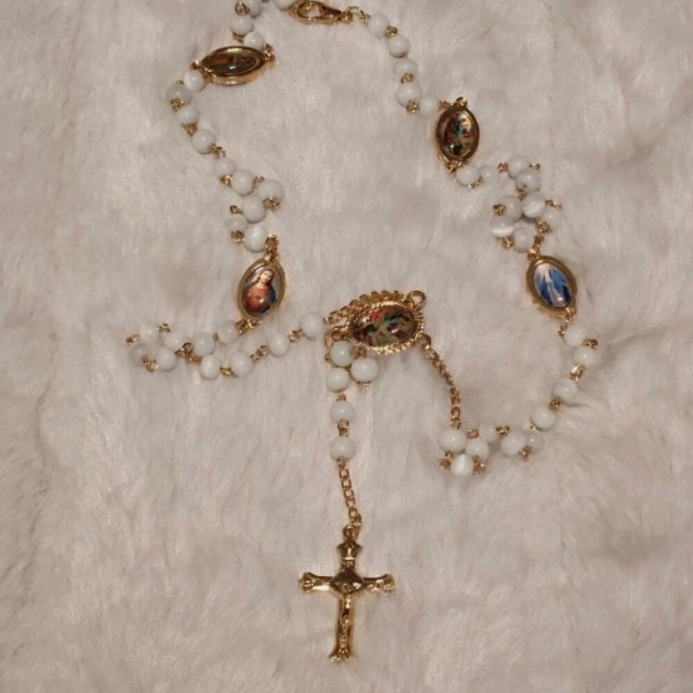 Catholic White Moonstone Beads Necklace with Gold Crucifix Rosary
